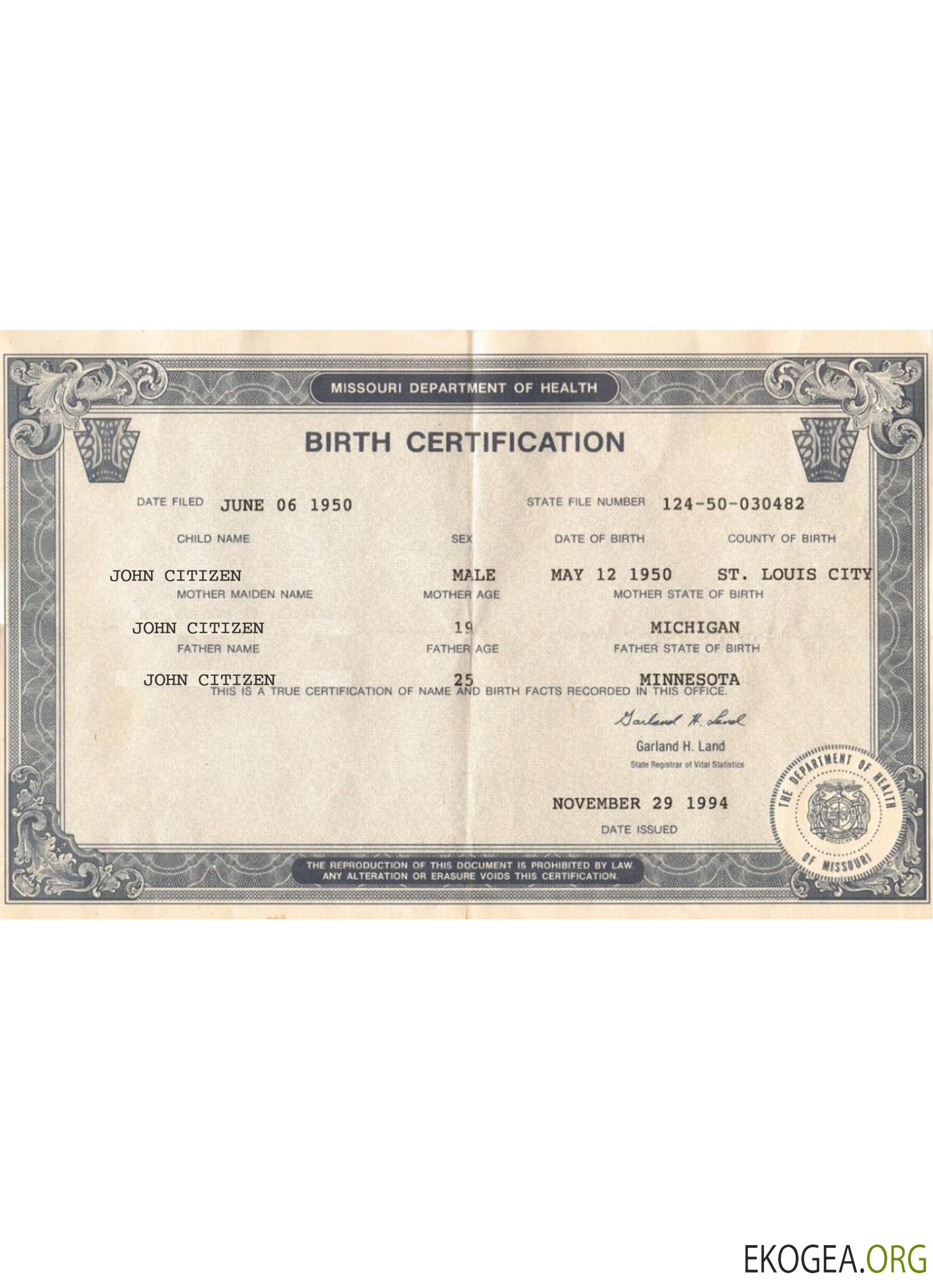 Acte de naissance du Missouri aux États Unis